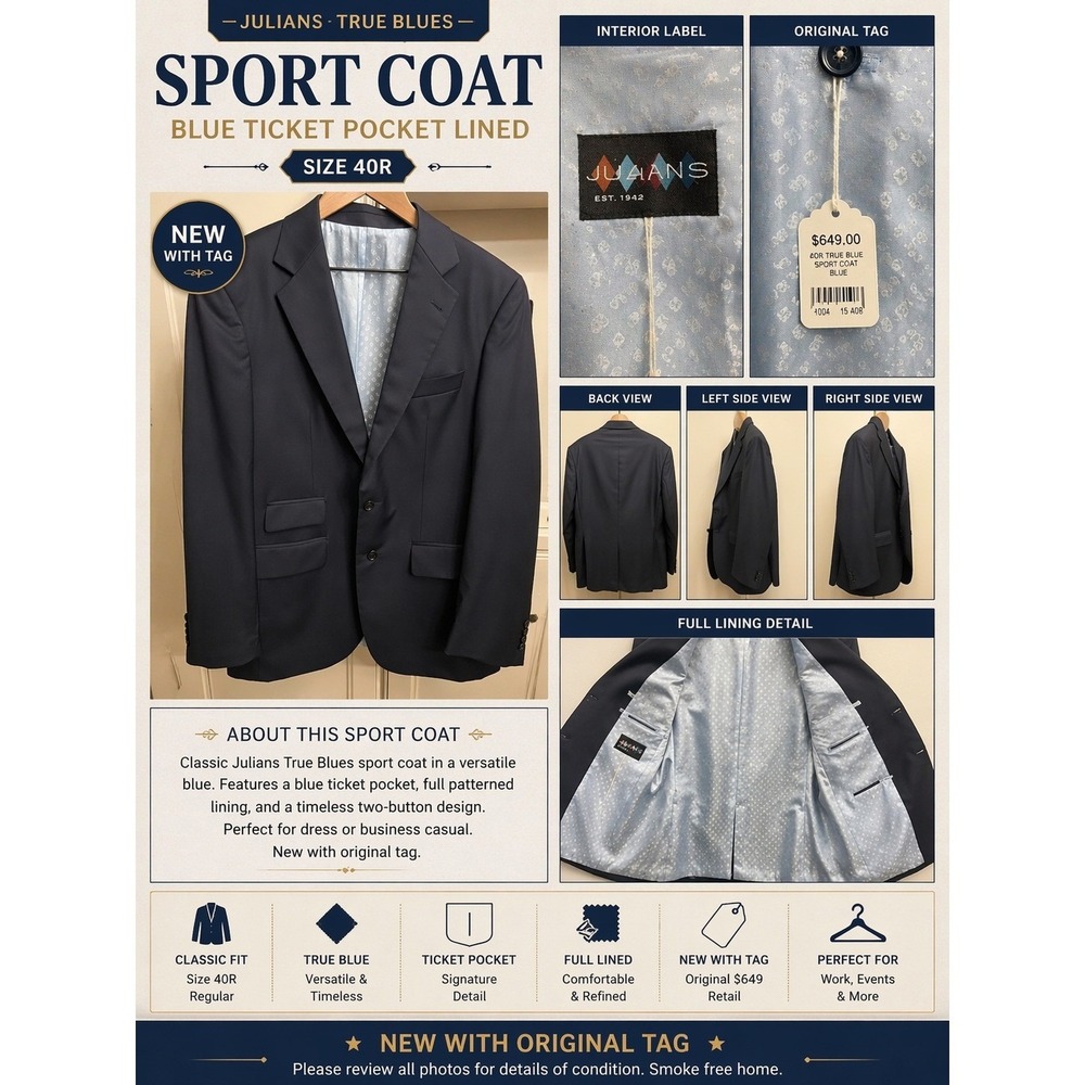 Julians True Blue Sport Coat Men Tarheels 40R Blue Ticket Pocket Blazer NWT $649